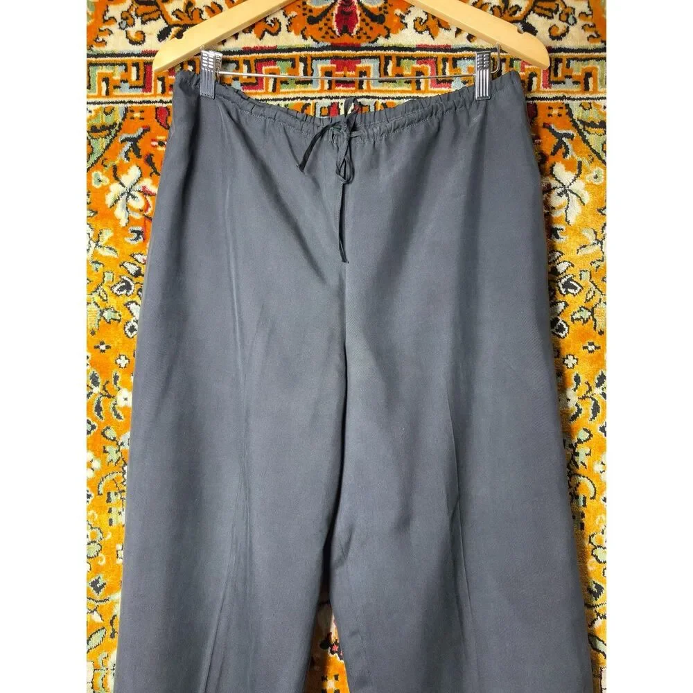 90s Vintage J. Crew Black 100% Silk Wide Leg Pants Drawstring Waist size M